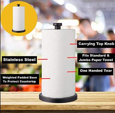 Steelware Central Black Paper Towel Holder Countertop Stainless Steel Paper Towel Stand with Weighted Non-Slip Base - One-Handed Tear, Rust-Resistant - Image 6