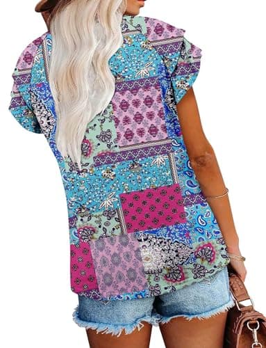 Womens Short Sleeve Shirt Double Ruffle Sleeve Tunic Top Blue Block XL - Image 4