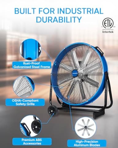 KEN BROWN 24 Inch Industrial Drum Fan, High Velocity Floor Shop Fan, Heavy Duty, 9500 CFM, 8 Blades, 3 Speeds, 360 Degree Tilt, Ideal for Industrial, Commercial, Gym, Garage Use, Blue - Image 7