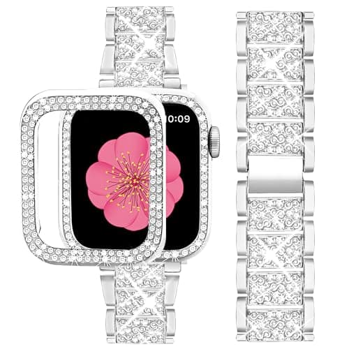 SUPOIX Compatible with Apple Watch Band 45mm + Case, Women Jewelry Bling Diamond Metal Bands & 2 Pack Protective Cover Cases for iWatch Series 9/8/7(Silver) - Image 1