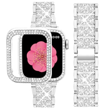 SUPOIX Compatible with Apple Watch Band 45mm + Case, Women Jewelry Bling Diamond Metal Bands & 2 Pack Protective Cover Cases for iWatch Series 9/8/7(Silver) - Image 1