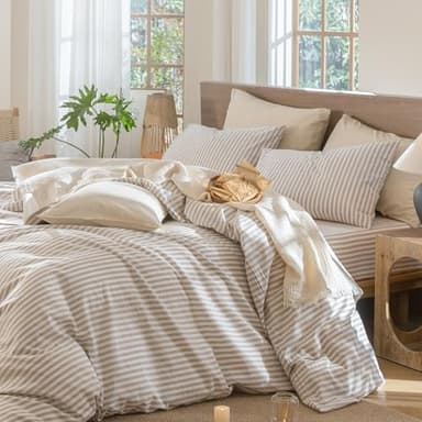 MooMee Striped Duvet Cover Set 100% Washed Cotton Linen Like Textured Breathable Durable Soft Comfy (Tannish Linen Grey White Classic Stripes, Super Queen 90"x98") - Image 3