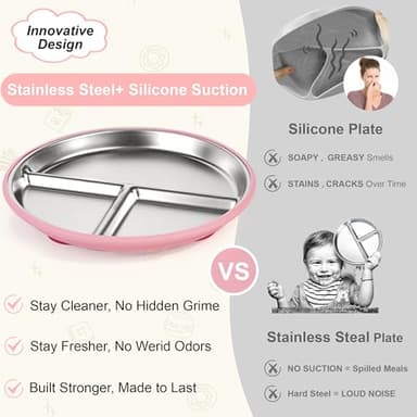 Bella's Friends Stainless Steel Baby Plates with Suction 3 Pack, 9” Divided Toddler Plates with Removable Silicone Sleeves for Mess-Free Feeding, Non-Toxic, Non-Slip, Dishwasher Safe, Gray,Green,Pink - Image 3