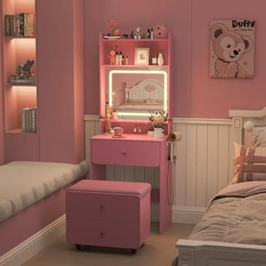 Vabches Small Vanity Desk Set with 3 Adjustable Lighted Mirror and Storage Chair, Vanity Set with Charger Station, Small Spaces Vanity Table for Bedroom，Pink - Image 7