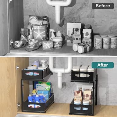 Housolution 2 Pack Under Sink Organizer, 2 Tier Metal Pull Out Under Sink Storage with Sliding Mesh Drawers, Height Adjustable Slide Out Under Sink Organizer for Kitchen Bathroom Cabinet, Black - Image 4