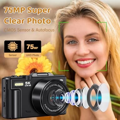 5K Digital Camera for Photography - WiFi 75MP Vlogging Cameras for YouTube - UHD Autofocus Video Camera 3" 180° Flip Screen with 18X Zoom - Compact Vlog Travel Camara with 32GB SD Card, 2 Batteries - Image 2