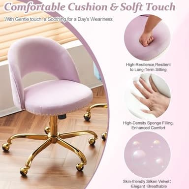 VINGLI Modern Velvet Small Office Chair,Cute Desk Chair With Wheels,Gold Base/Studs,Comfy Armless Swivel Vanity Task Chair For Women/Girl/Kids,Nail Tech Chair For Office,Small Space,Mauve Light Purple - Image 5