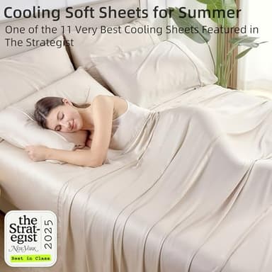 GOKOTTA King Size Sheets Set 4 Pcs,100% Rayon Derived from Bamboo,Cooling Sheets King Size for Hot Sleepers,16 Inch Deep Pocket King Sheets with Elastic Corner Straps, Silky Soft & Breathable - Beige - Image 3