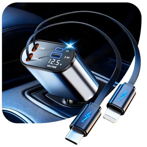 Retractable Car Charger, 4 in 1 Fast Charging Car Charger USB-C & USB-A Compatible with iPhone 16/15/14/13/12/11,Galaxy,Pixel - Image 1