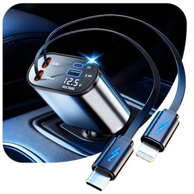 Retractable Car Charger, 4 in 1 Fast Charging Car Charger USB-C & USB-A Compatible with iPhone 16/15/14/13/12/11,Galaxy,Pixel - Image 1