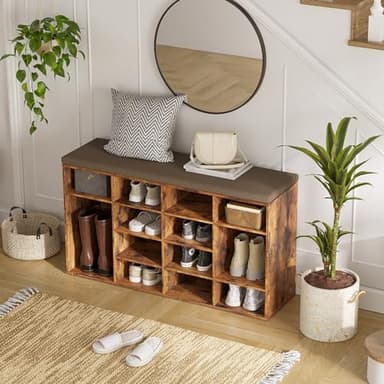 DINZI LVJ Shoe Storage Bench with Cushion, 14-Cubby Shoe Rack, Adjustable Shelves, Multifunctional Shoe Organizer Bench for Entryway, Mudroom, Hallway, Living Room, Bedroom and Garage, Rustic Brown - Image 2