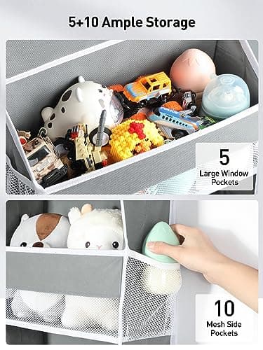 Yecaye 1 Pc Over the Door Organizer with 5 Bins 10 Side Pockets, 44lbs Load Hanging Bathroom and Bedroom Organizer, behind the Door Hanging Organizers for Nursery Newborn Baby Essential Stuff Grey - Image 4