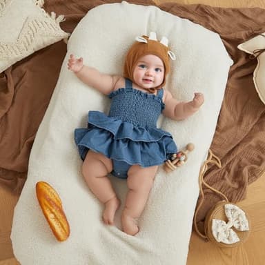 Baby Girl Denim Rompers Sleeveless Suspender Pleated Ruffle Hem Bottom Snap Jumpsuits Dress Clothes (Blue, 0-3 Months) - Image 2