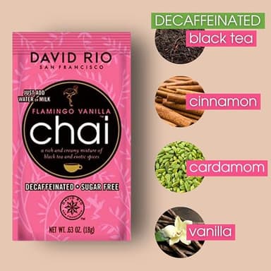 Flamingo Vanilla Decaffeinated Reduced Calorie Chai Tea Latte Mix, 0.63 Oz (Pack of 48), Single Serve Packets, Decaf Black Tea, Organic Spices, Sugar Free, Dairy Free, Serve Hot or Cold - Image 3