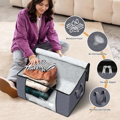Fab totes 6 Pack Clothes Storage, Foldable Thick Fabric Blanket Storage Bags, Containers for Organizing Bedroom, Closet, Clothing, Comforter,Closet Organization with Handle,Grey - Image 4