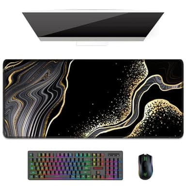 Auhoahsil Desk Pad, XL Extended Large Gaming Mouse Pad 31.5 x 11.8 Inch, Waterproof Mousepad with Stitched Edges, Non-Slip Computer Keyboard Laptop Mat for Women Men Office Work, Black Gold River - Image 1