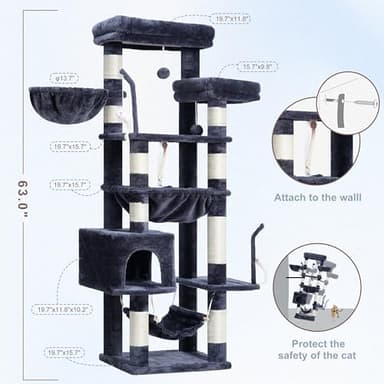 Gitelsnour Cat Tree, Cat Tower for Large Cats with 2 Big Platforms, 2 Baskets, condo and Toys, 63" Cat Scratching Posts for Indoor Cats, Smoky Gray GCT020G - Image 7
