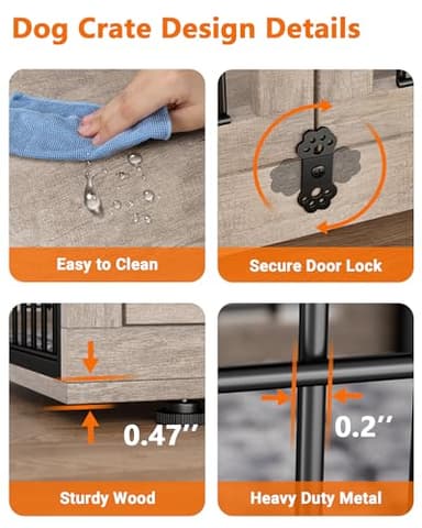 YaFiti Dog Crate Furniture with Cushion, Wooden Dog Kennel with Double Doors, Heavy Duty Dog Cage End Table with Wheels, Dog House Indoor for Small Medium Dogs up to 45 lb, 32.5” L, Grey - Image 3