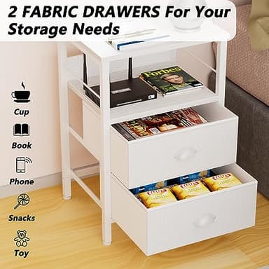 Furologee Nightstands Set of 2, End Table with 2 Fabric Drawers, Night Stand with 2 Hooks, Open Wood Shelf Bedside Table for Bedroom/Living Room/White - Image 4