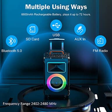 JYX Karaoke Machine with 2 Wireless Mics, 10" Woofer 500W Peak Power Big Portable Bluetooth Speaker with Bass/Treble Adjustment, PA System with Remote Control, LED Lights, Rolling Wheels and Trolley - Image 3