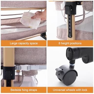 3 in 1 Baby Crib, Bassinet Bedside Crib Adjustable Portable Bed for Infant,Baby Newborn Must Have Bed,Khaki - Image 3
