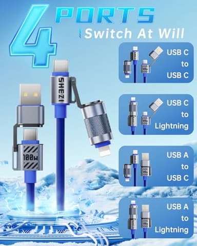 Vexipia 4 in 1 USB C Cable Lightning Cable,100W Fast Charging & Data Transfer,iPhone iPad Charger Cord with Lightning/Type C/USB A for iPhone 16/15/Macbook,IPad,5FT Blue [SHEZI Series] - Image 2