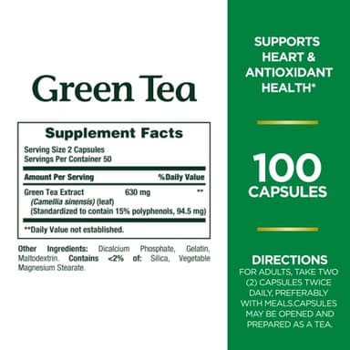 Nature's Bounty Green Tea Pills and Herbal Health Supplement, Supports Heart and Antioxidant Health, 315mg, 100 Capsules - Image 2