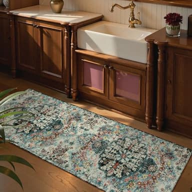 Lahome Bohemian Floral 2'8" x 8' Washable Hallway Runner Rug, Non Slip Kitchen Carpet Runners, Turkish Soft Pet Friendly Stair Mat for Bathroom Laundry Room Sunroom, Teal - Image 8