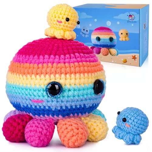 Crochetta Crochet Kit for Beginners, Crochet Kit Step-by-Step Video Tutorials, Crochet Starter Kit Learn to Crochet Kits for Adults Kids Beginners, Jumbo 3 Colorful Octopus Familly (40%+ Yarn Content) - Image 1
