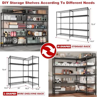 REIBII 70"W Storage Shelves Load 1600LBS, Metal Shelving 5-tier Wire Shelving Unit Metal Shelves for Storage Adjustable Garage Shelving for Pantry Kitchen Garage Commercial school 70"W*15.8"D*72.4"H - Image 7