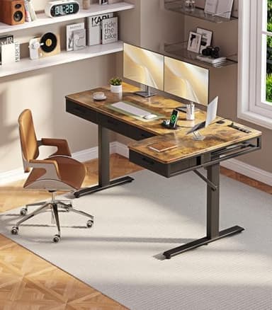 OffiGo 63 Inch L Shaped Electric Standing Desk with Drawers, Height Adjustable Large Desk with Power Outlets, Sit Stand Table, Writing Computer Desk for Home, Office, Workstation, Rustic Brown - Image 3