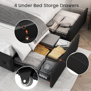 LARMACE King Size Bed Frame with 4 Storage Drawers and Tufted Headboard Velvet Upholstered Platform Bed Frame Wingback Beds with Wooden Slats Support, Easy Assembly, Black - Image 5