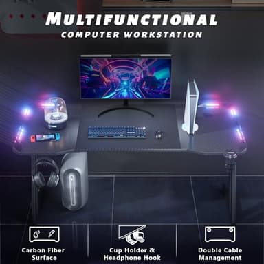 HLDIRECT 55 Inch Gaming Desk with LED Lights Carbon Fibre Surface Gaming Table Large Computer Desk Ergonomic Home Office Desks Z Shaped PC Gamer Workstations with Cup Holder & Headphone Hook Black - Image 5