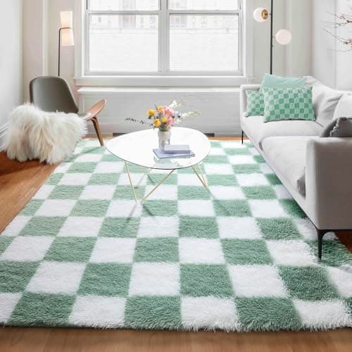 KICMOR Fluffy Sage Green and White Rugs Living Room Carpet, 5x7 Large Fuzzy Checkered Shag Area Rug for Bedroom Aesthetic, Furry Soft Plush Shaggy Rug for Nursery Kids Girls Boys Room Home Decor - Image 1