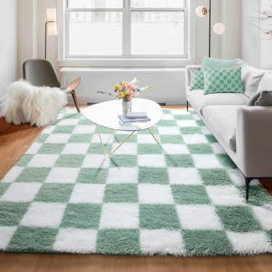 KICMOR Fluffy Sage Green and White Rugs Living Room Carpet, 5x7 Large Fuzzy Checkered Shag Area Rug for Bedroom Aesthetic, Furry Soft Plush Shaggy Rug for Nursery Kids Girls Boys Room Home Decor - Image 1