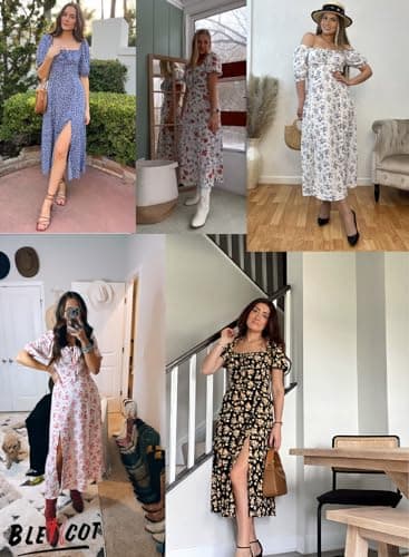 BLENCOT Womens Summer Casual Floral Dress Square Neck Puff Sleeve Boho Split Midi Long Dress P20120 Medium - Image 7