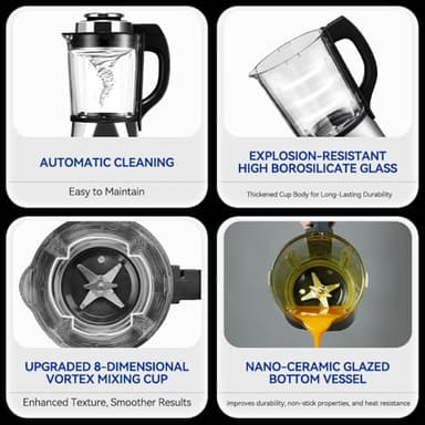 Glass Blenders for Kitchen 59oz, Stainless Steels Professional Blenders 1200W, Countertop Blender Glass Jar Food Processor Combo, 14 Preset Programs+9 Speeds, Soups, Nut Milk, Hot & Cold Blending - Image 6