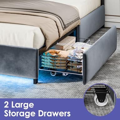 BedsPick Queen Size Bed Frame with LED Lights, Velvet Upholstered Platform Queen Bed Frame with 2 Storage Drawers and Adjustable Headboard, No Box Spring Needed Queen Bedframe, Noise Free, Light Grey - Image 4