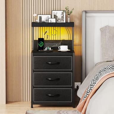 SZLHANJZ LED Nightstand with Charging Station, Night Stand with 3 Drawers and Lights, Storage Side Table with Shelf and Hooks, Tall End Table for Bedside, Bedroom, Modern Black - Image 2