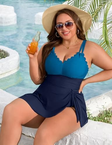 Charmo Women Plus Size Swim Dress Swimsuit Scallop Trim One Piece Tummy Control Bathing Suits Modest Tie Knot Swim Suits Navy Blue 1X - Image 5