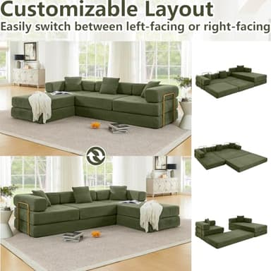 HANXIN 108" Modular Sectional Sofa, Futon Convertible Sofa Bed,Oversized Corduroy Boneless Couch for Living Room,Floor Loveseat Sleeper with Pull Out Bed,Free Combination,No Assembly Required (Green) - Image 4