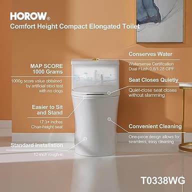 HOROW T0338WG One Piece Toilet with Gold Button, Elongated Toilet with Comfort Seat Height, ADA Chair Height 17.3", Dual Flush 0.8/1.28 GPF & MAP 1000g, Standard White Toilet Bowl, Gold Tank Button - Image 3
