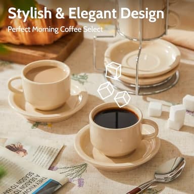 Sweese Porcelain Espresso Cups Set, 2.5 oz, Stackable with Saucers Metal Stand, Beige, 4 Pack - Image 4