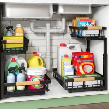 Under Sink Organizer, 2 Packs 2 Tier Under Sink Organizers and Storage, Slide out Pull out Cabinet Organizer Shelf, Metal Sliding Drawer for Kitchen Bathroom Pantry Cabinet Closet Organization Rack - Image 1