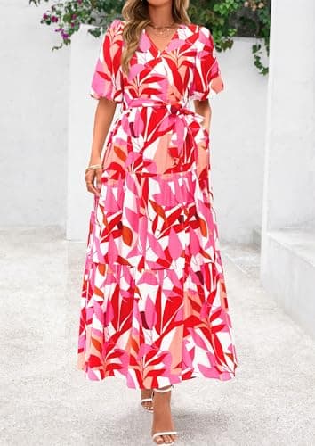 PRETTYGARDEN Women's Summer Maxi Dress 2025 Resort Wear Boho Floral V Neck Puff Short Sleeve Ruffle Flowy Beach Long Dresses(Floral White Rose Red,X-Large) - Image 6