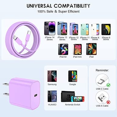 10ft iPhone Charger Fast Charging, for iPhone 14 13 12 Fast Charger,20W USB C Wall Charger with Type C to Lightning Cord,iPhone Fast Charging Cable for iPhone 13/14/12 Pro Max Plus/11,iPad-3PCS-Purple - Image 7