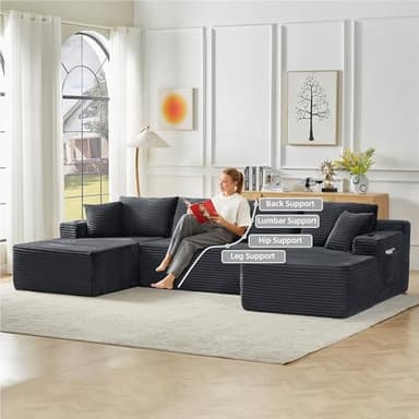 134 Inch Cloud Sectional Couch for Living Room,Corduroy Boneless Couches with Cup Holder,Modern Modular Sectional Sofa with Deep Seat,No Assembly Required (Dark Gray, U-Shaped Sofa) - Image 5