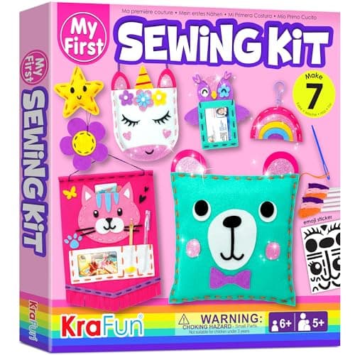 KRAFUN My First Sewing Kit for Beginner Kids Arts & Crafts, 7 Easy DIY Projects of Stuffed Animal Dolls and Plush Pillow Craft, Instructions & Felt, Gift for Girls, Boys, Learn to Sew, Embroidery - Image 1