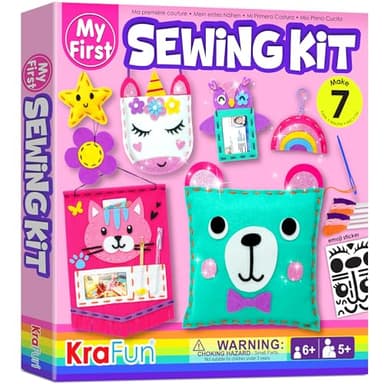 KRAFUN My First Sewing Kit for Beginner Kids Arts & Crafts, 7 Easy DIY Projects of Stuffed Animal Dolls and Plush Pillow Craft, Instructions & Felt, Gift for Girls, Boys, Learn to Sew, Embroidery - Image 1