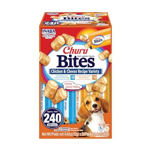 INABA Churu Bites for Dogs, Soft & Chewy Dog Treats with Vitamin E, 0.42 Ounces Each Tube, 20 Tubes, Chicken & Cheese Variety Box - Image 1